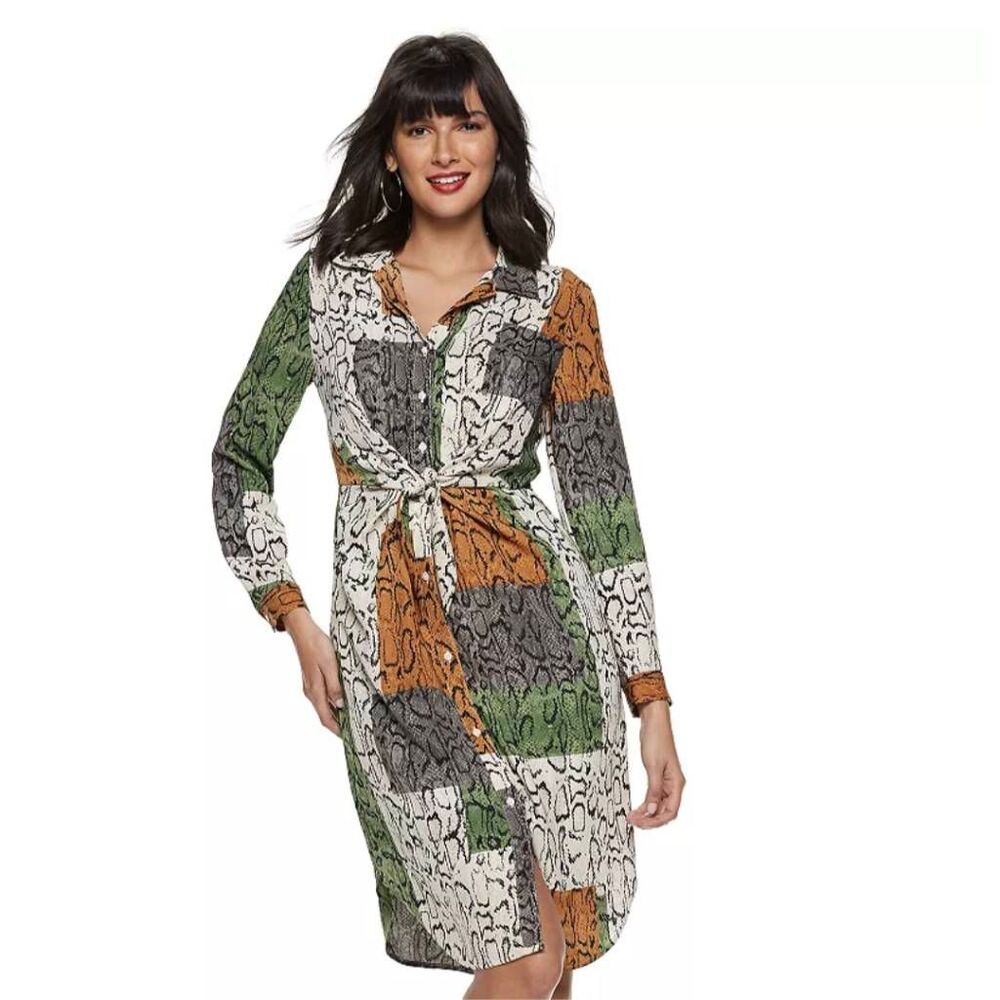 Nine West Shirt Dress Button Front Tie Knot Waist Snake Print Size L Large NWT